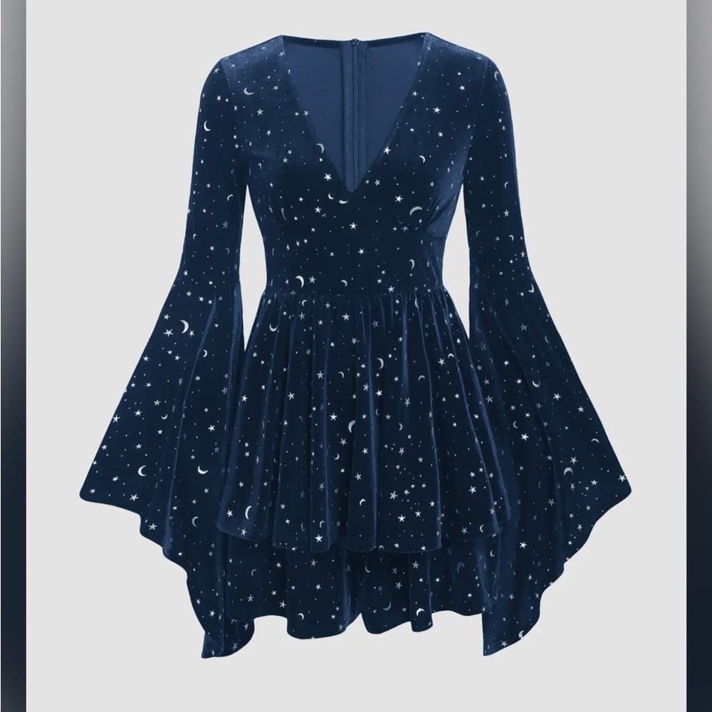 Cider VELVET V-NECK STAR & MOON PATTERN BELL SLEEVE ROMPER XS CC15-16 - Picture 3 of 6